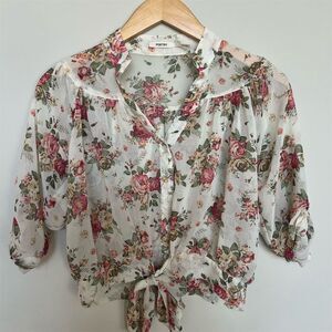 Poetry Women's Floral Sheer Blouse 3/4 Sleeve Crop Button Down Size S